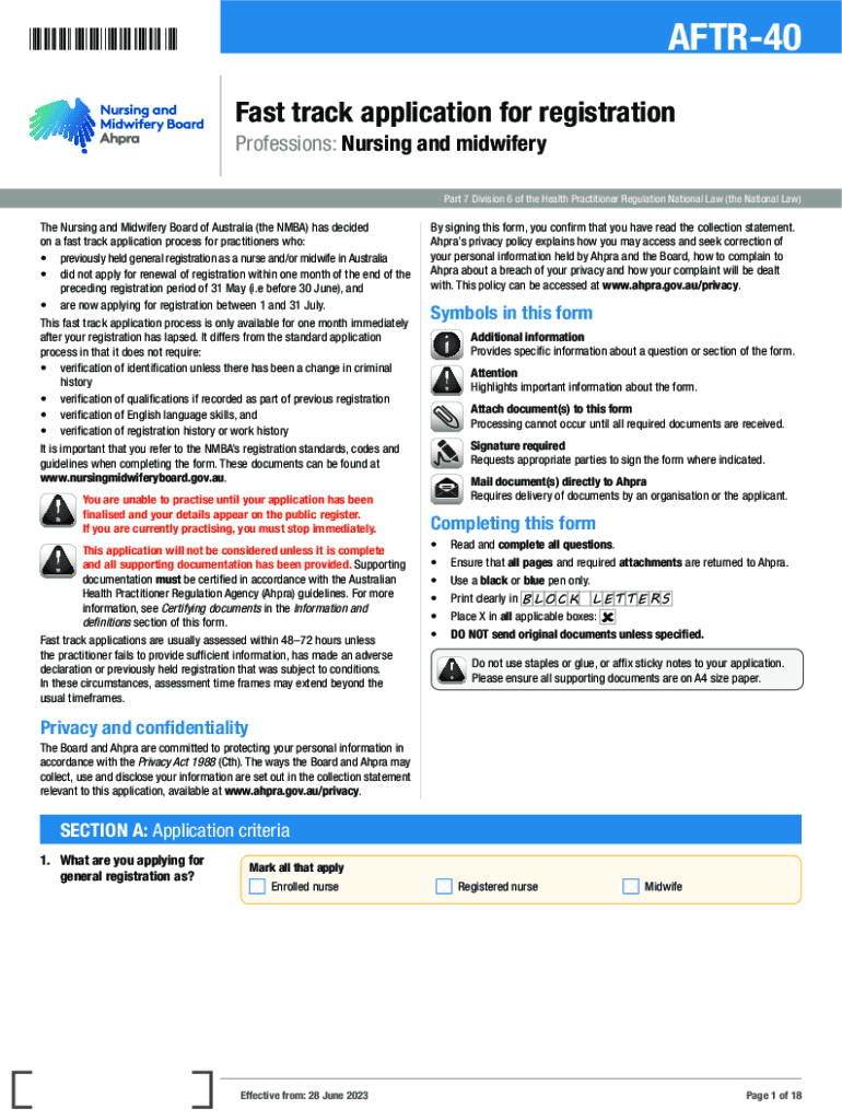 Fast track application as an enrolled nurse, registered nurse or midwife - AFTR-40 Preview on Page 1