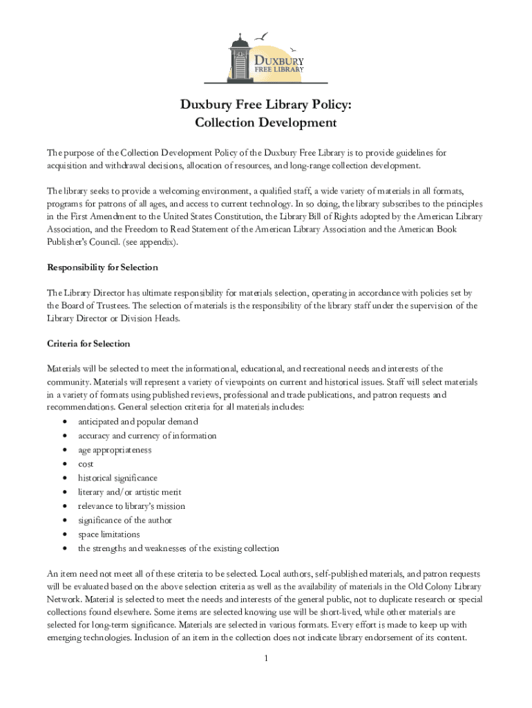 Fillable Online Duxbury Free Library Policy Collection Town of