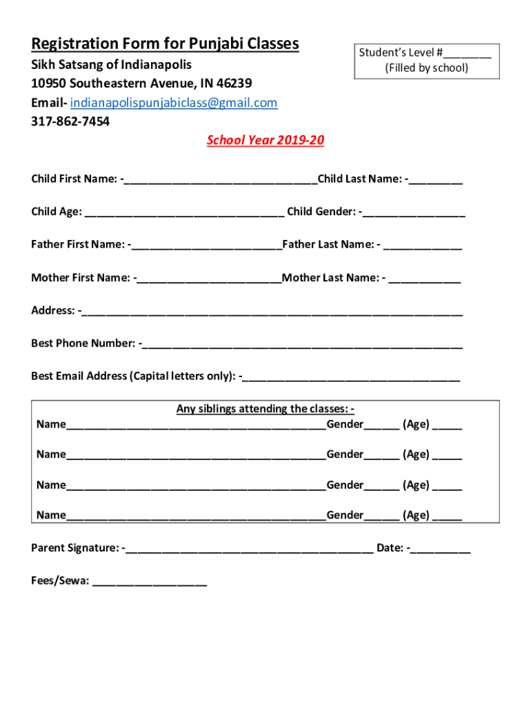 Fillable Online Registration Form for Punjabi Classes Fax Email Print