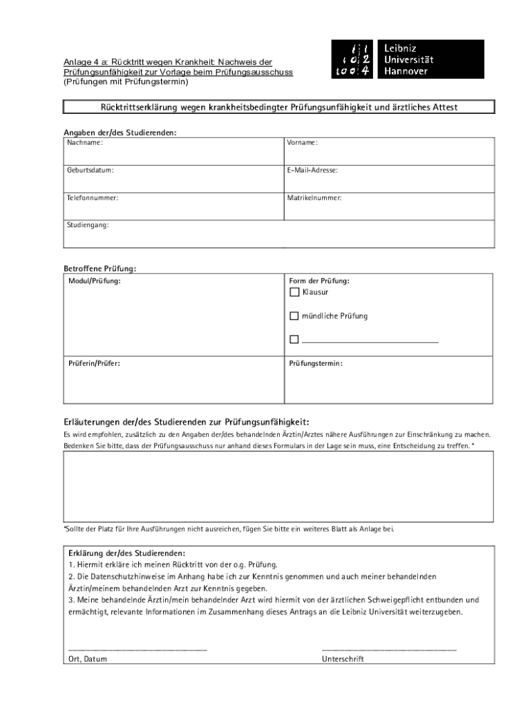 Ausfüllbar Online rztliches Attest zur Vorlage im Prfungsverfahren Fax Email Drucken pdfFiller