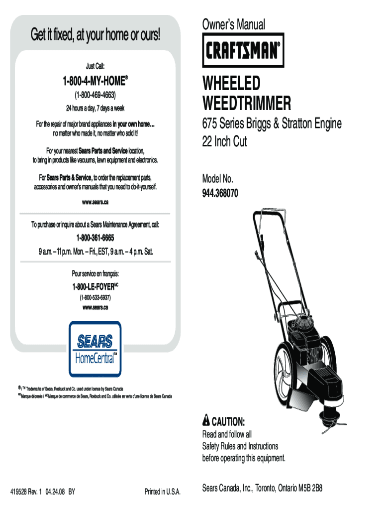 Fillable Online Craftsman 22 Inch Wheeled Trimmer Manual Promotec