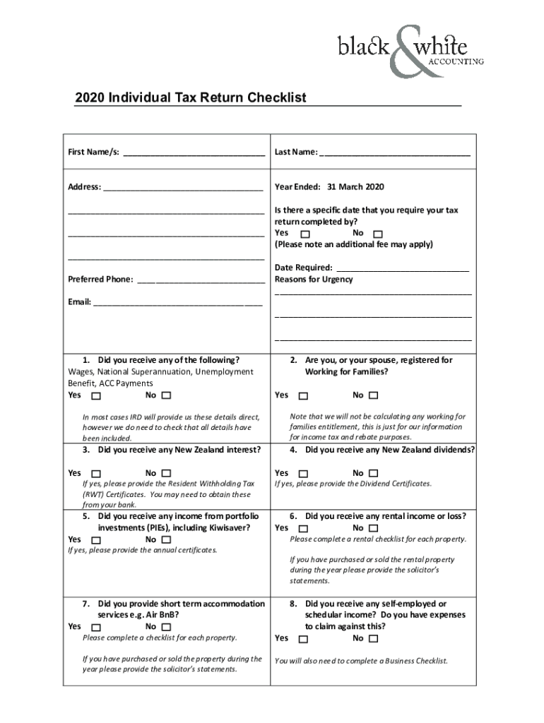 Fillable Online 2020 Individual Tax Return Checklist Fax Email Print