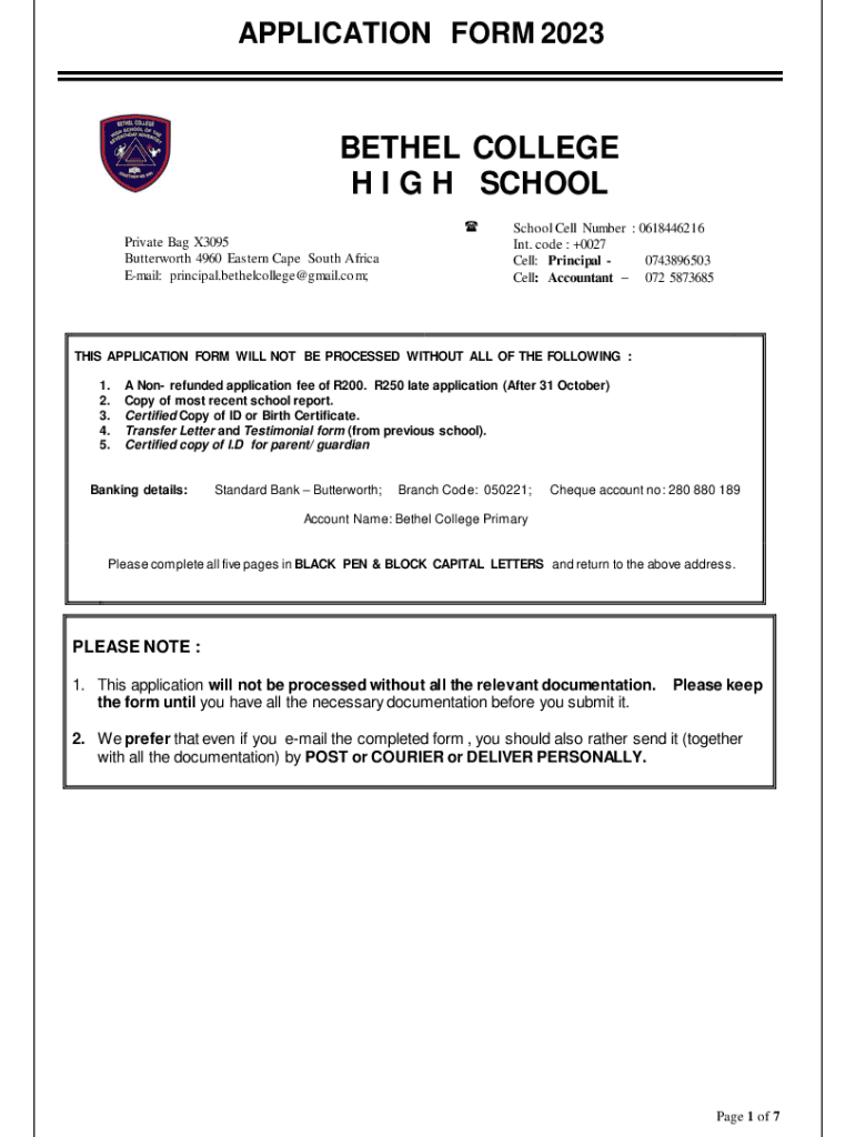 Fillable Online Application Form 2021 Bethel College High School Fax