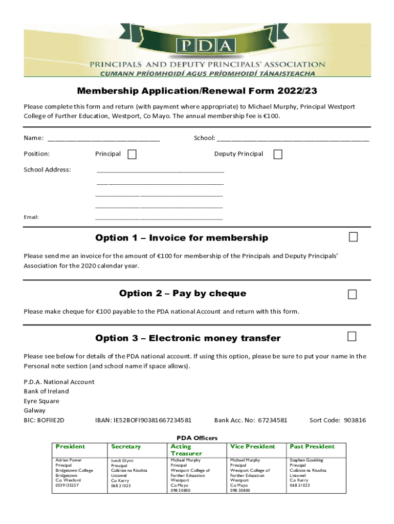 Fillable Online Membership Application/Renewal Form 2022/23 Option 1