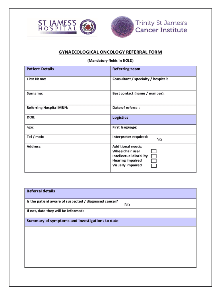 Fillable Online GYNAECOLOGICAL ONCOLOGY REFERRAL FORM Fax Email Print ...