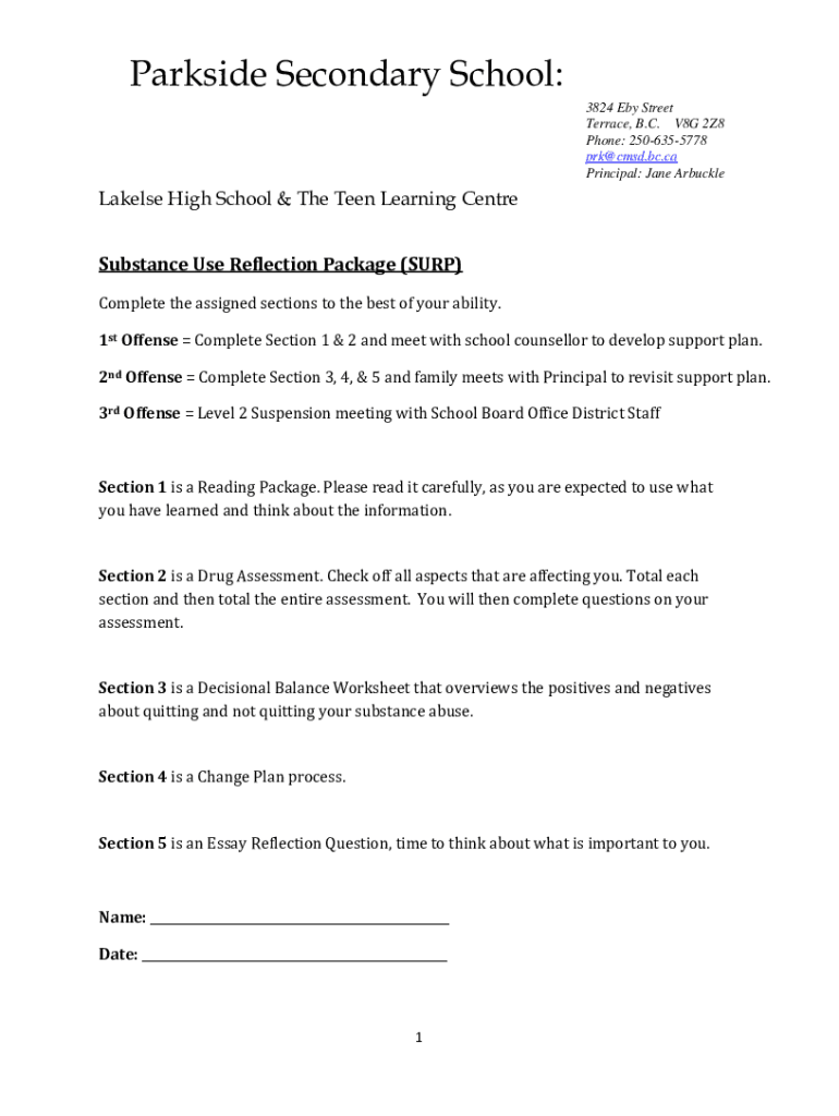 Fillable Online Parkside Secondary School3824 Eby Street Terrace, B.C