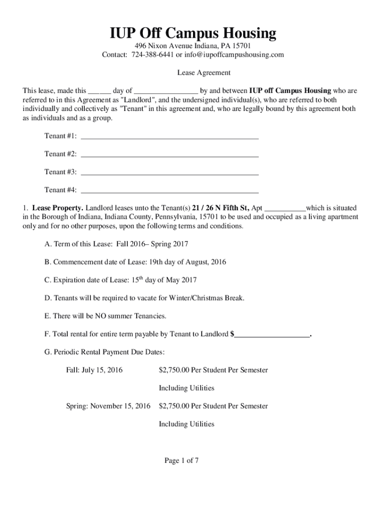 Fillable Online IUP Off Campus Housing Indiana PA Student Housing Fax