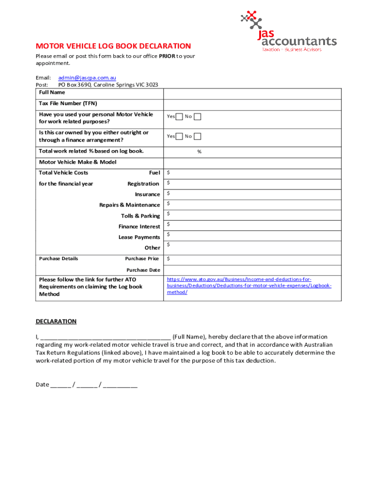 Fillable Online Free ATO Vehicle Log Book Template PDF, Excel, Sheets