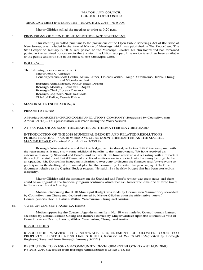 Fillable Online 700 P.M. Mayor Glidden called Fax Email Print pdfFiller