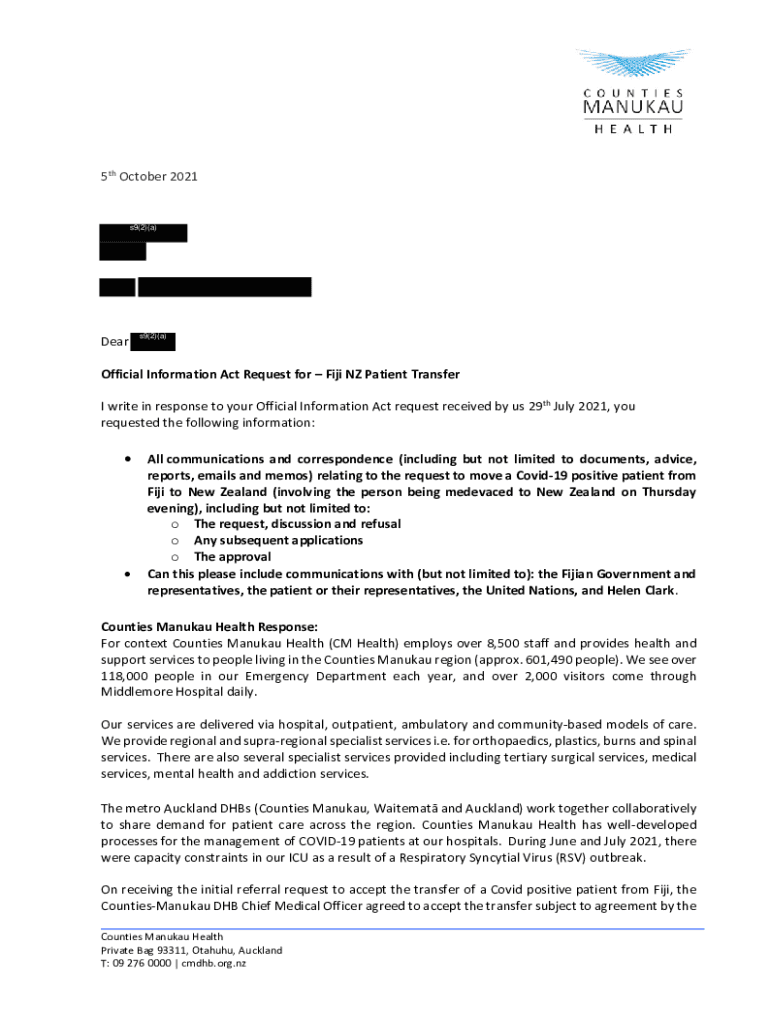 Fillable Online Official Information Act Request for Fiji NZ Patient