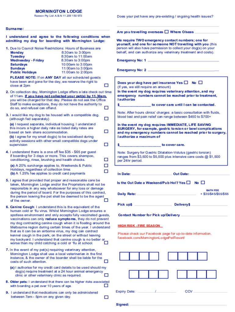 Fillable Online Mornington LodgeMelbourne's Finest Pet Resort Fax Email