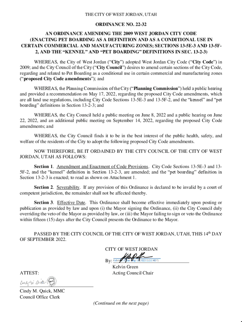 Fillable Online OrdinanceNo.2232PetBoarding West Jordan