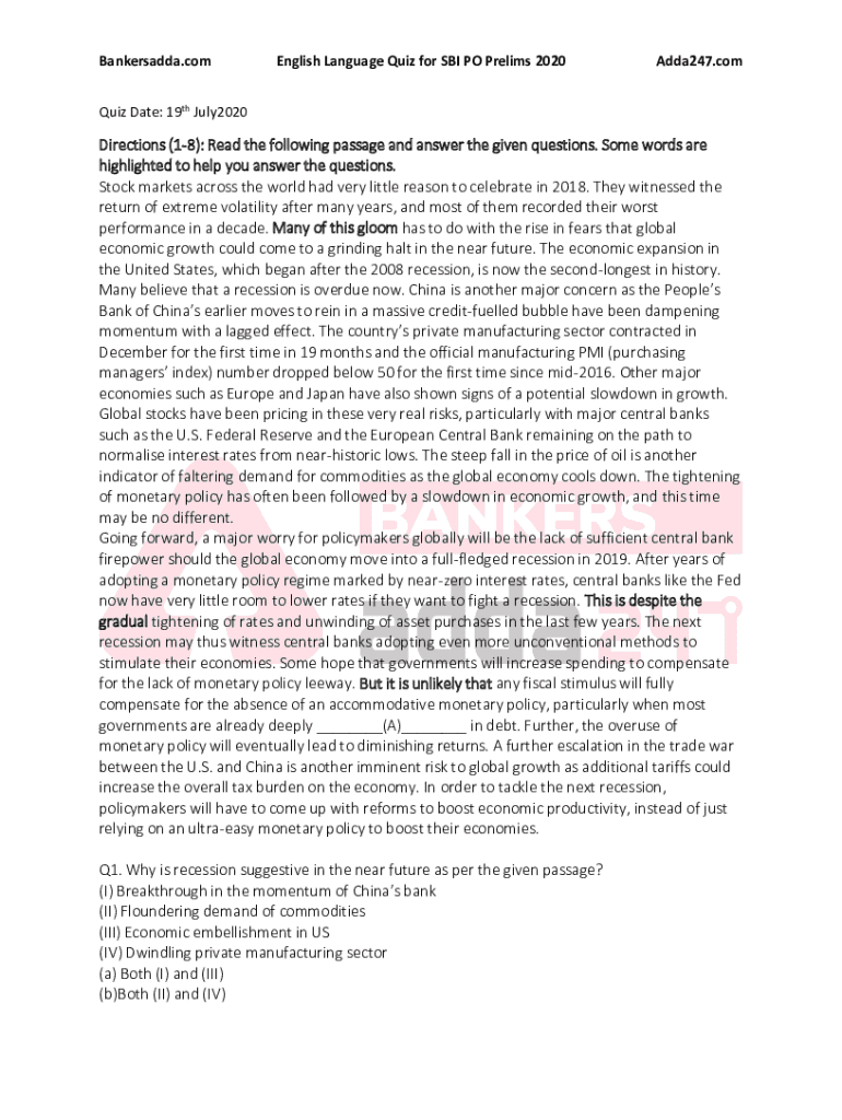 Fillable online english reading comprehension for banking exams fax