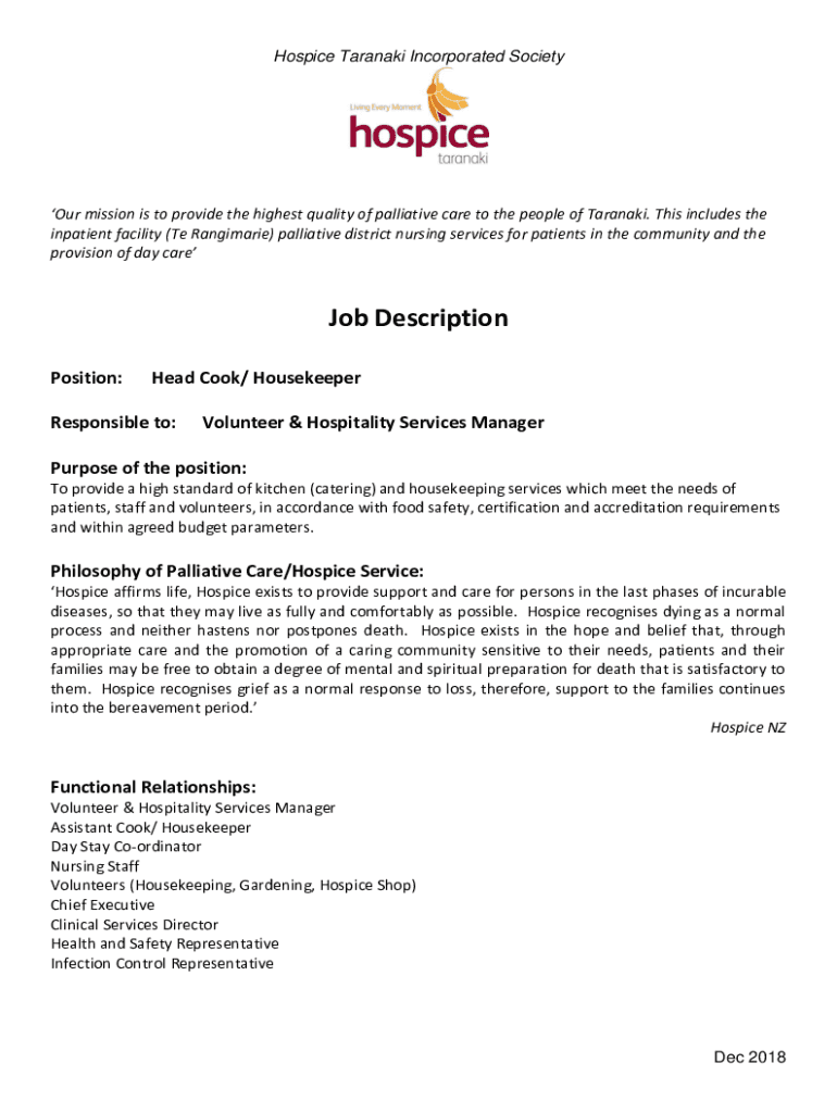 Fillable Online jobdescriptionheadcookhousekeeperapplicationform