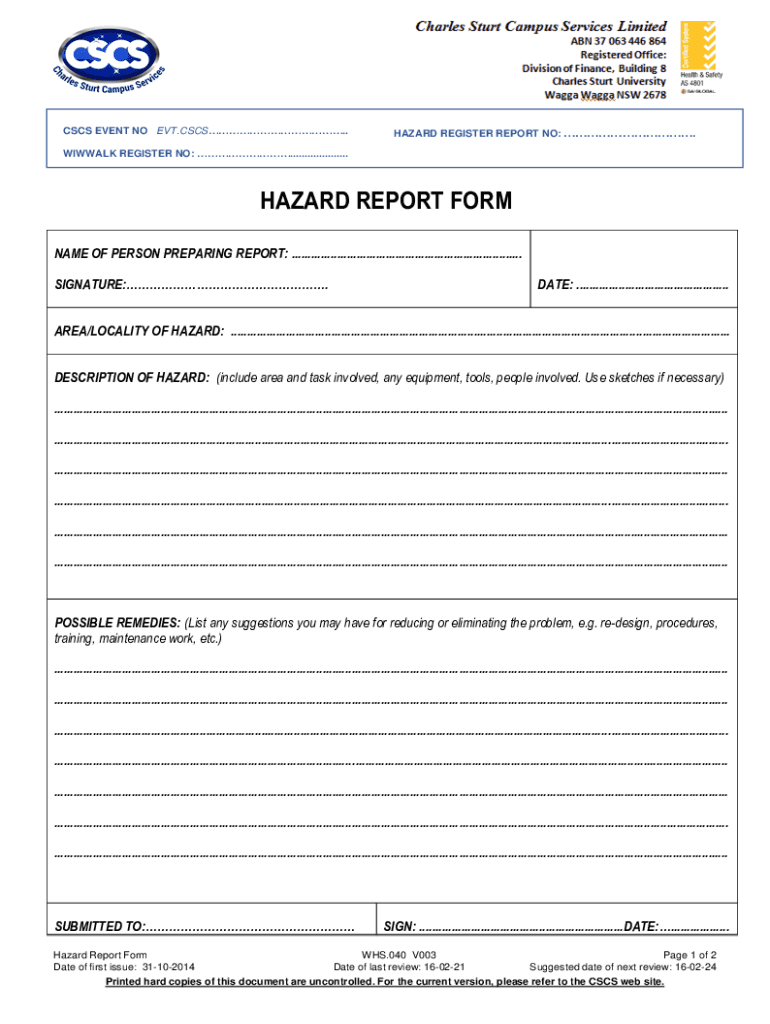 Fillable Online Hazard Report & Risk Assessment Template Fax Email