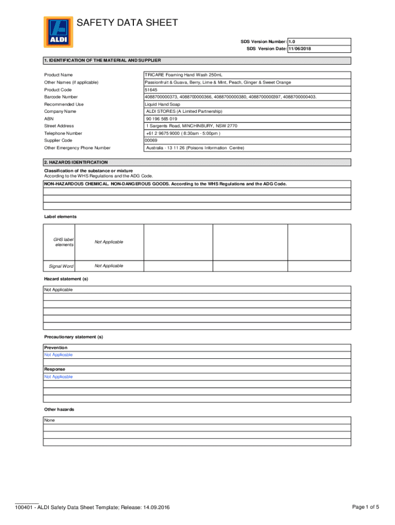 Fillable Online SAFETY DATA SHEET FOAMING HAND WASH Fax Email Print
