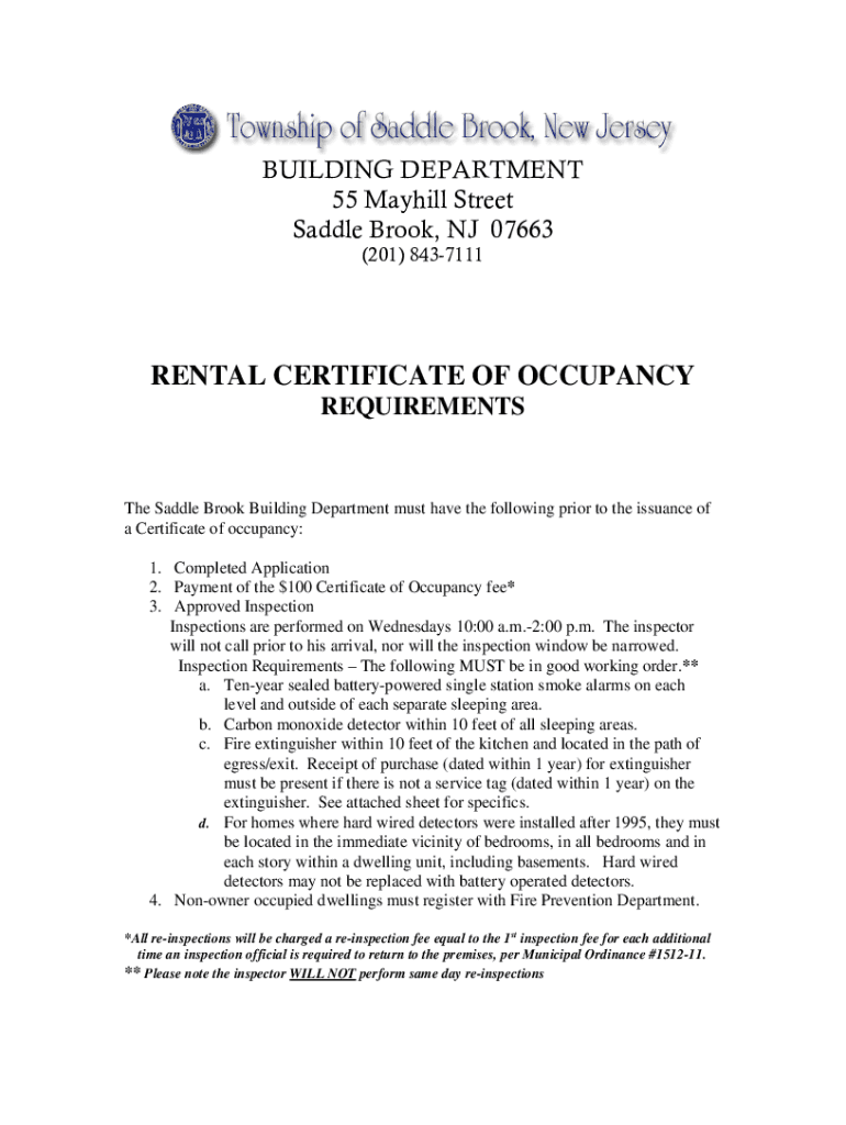 Fillable Online RENTAL CERTIFICATE OF OCCUPANCY Township of Saddle