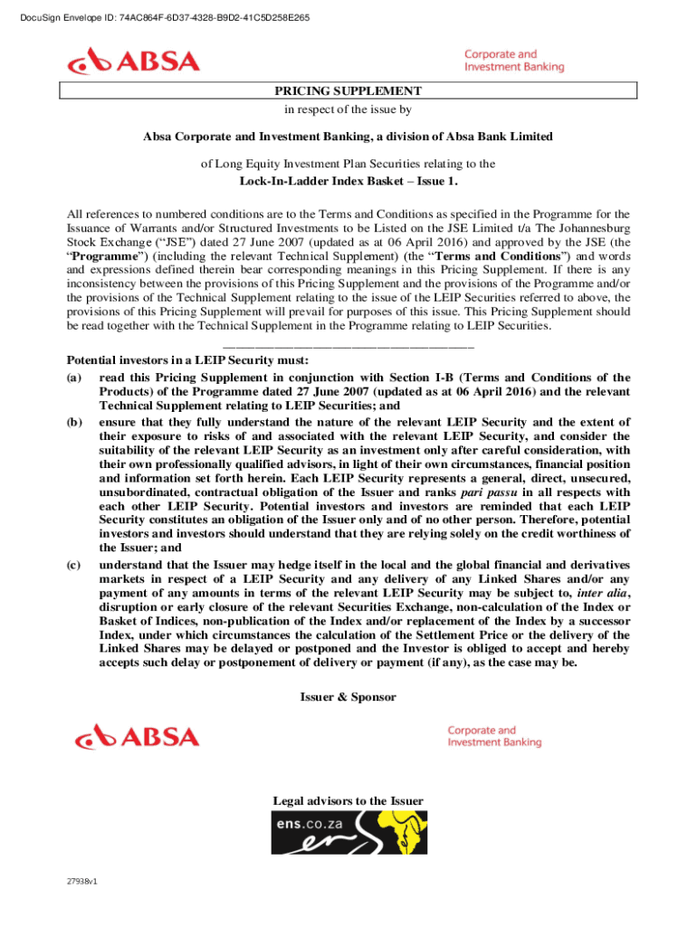 Fillable Online PRICING SUPPLEMENT in respect of the issue by Absa