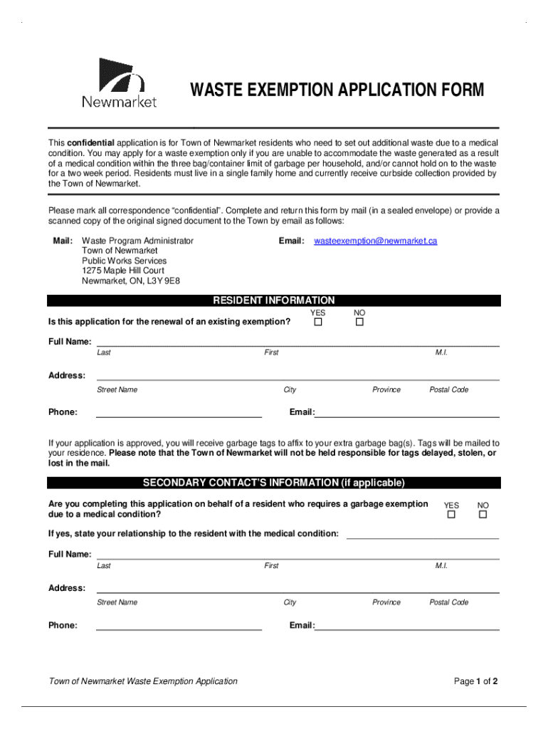 Fillable Online Town of Newmarket Waste Exemption Application Form Fax