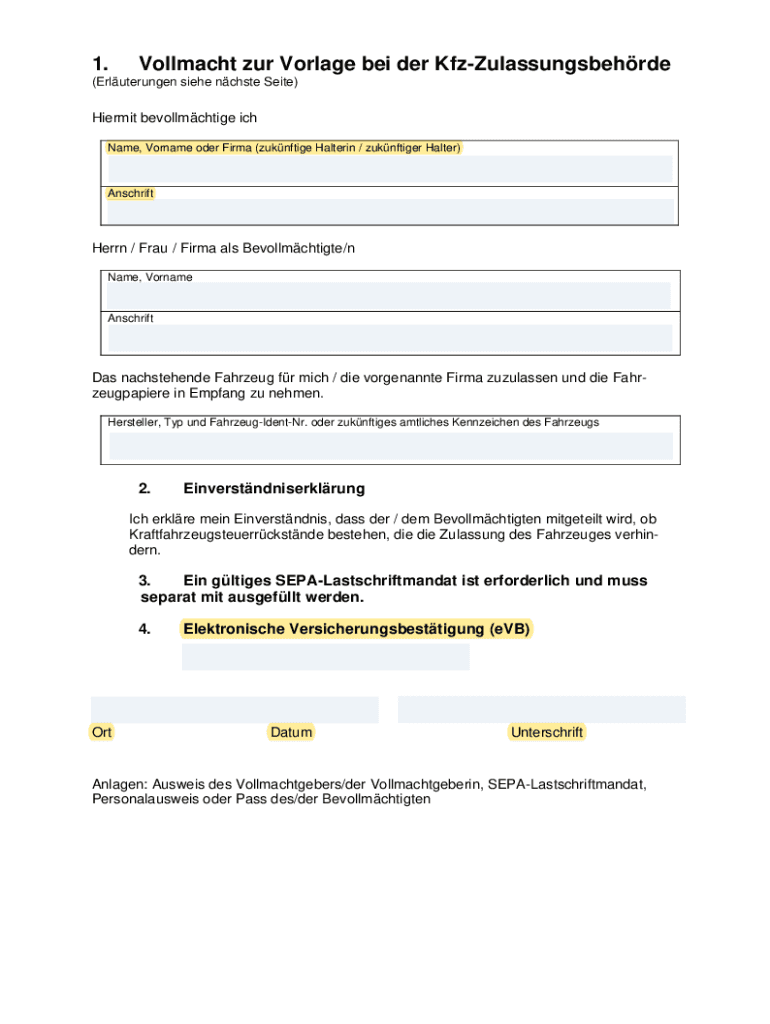 1 Vollmacht zur Vorlage bei der Kfz-Zulassungsbehrde Preview on Page 1
