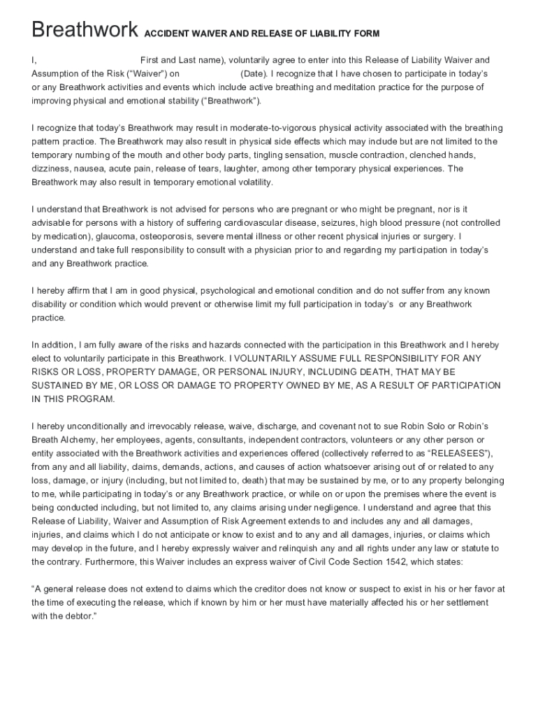 Breathwork ACCIDENT WAIVER AND RELEASE OF LIABILITY FORM Preview on Page 1