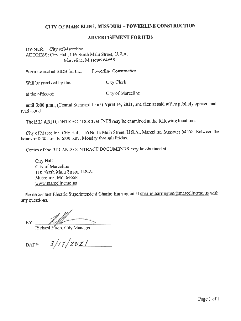 Fillable Online city of marceline. missouripowerline construction Fax