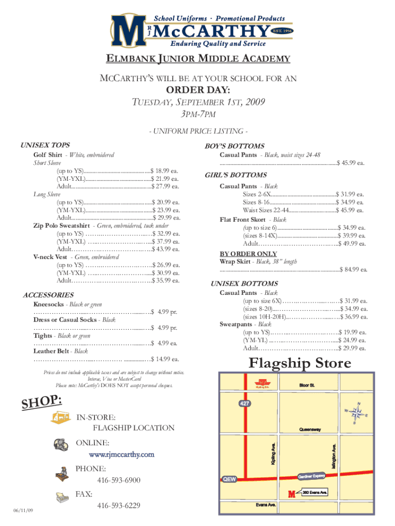 Fillable Online McCarthy Uniforms School and Workplace Uniforms Fax