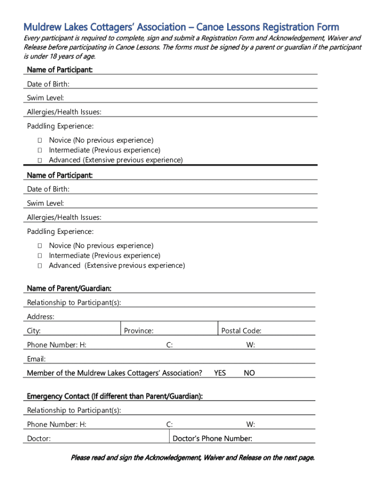Fillable Online Canoe Lessons Registration Form Fax Email Print pdfFiller