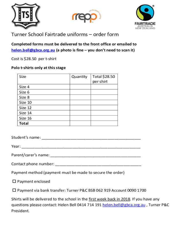 Fillable Online Turner School Fairtrade uniforms order form Fax Email