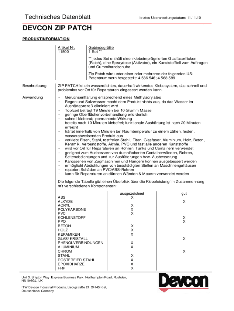Ausfüllbar Online Devcon 11500 Brown Zip Patch Adhesive Patch Kit, 4 x