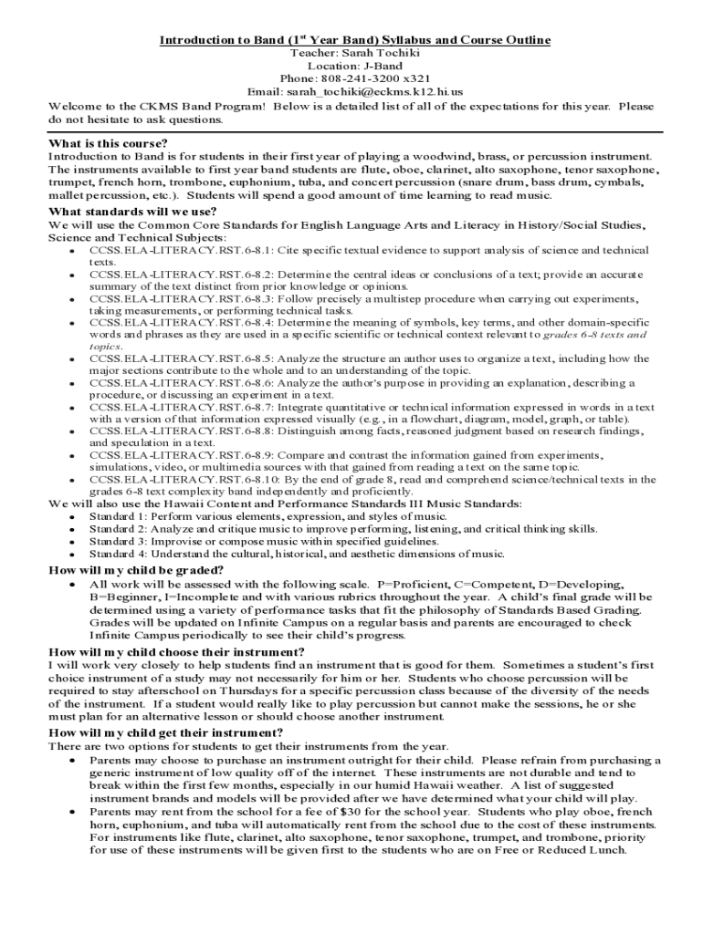 Fillable Online Introduction to Band (1st Year Band) Syllabus and Course Fax Email Print