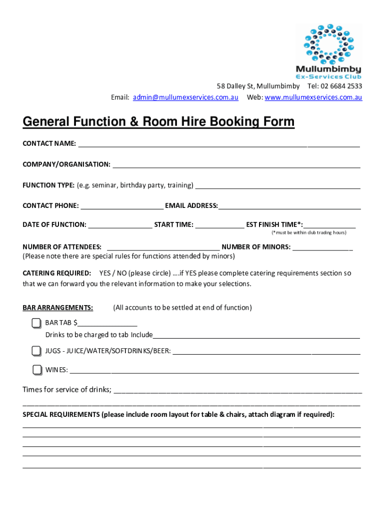 Fillable Online General Function & Room Hire Booking Form Fax Email ...