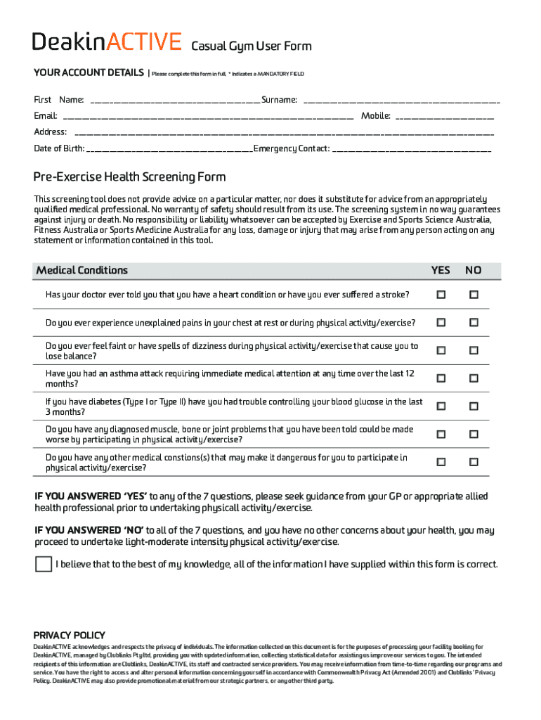 Fillable Online Casual Gym User Form PreExercise Health Screening Form