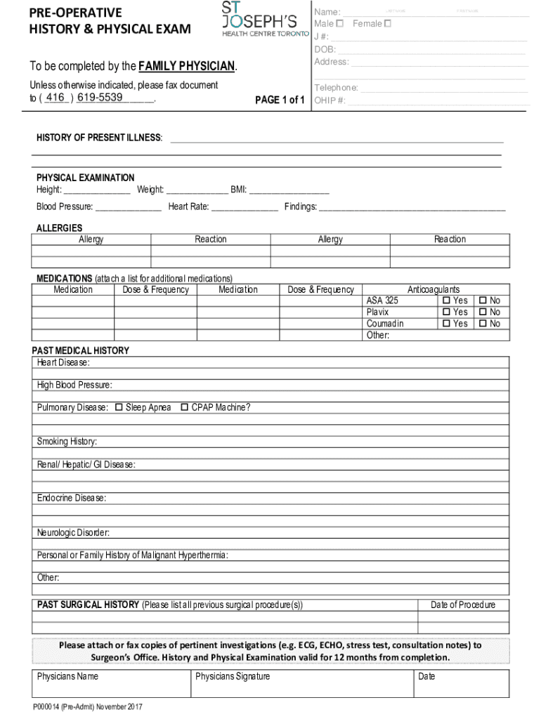 Fillable Online The preoperative evaluation Use the history and