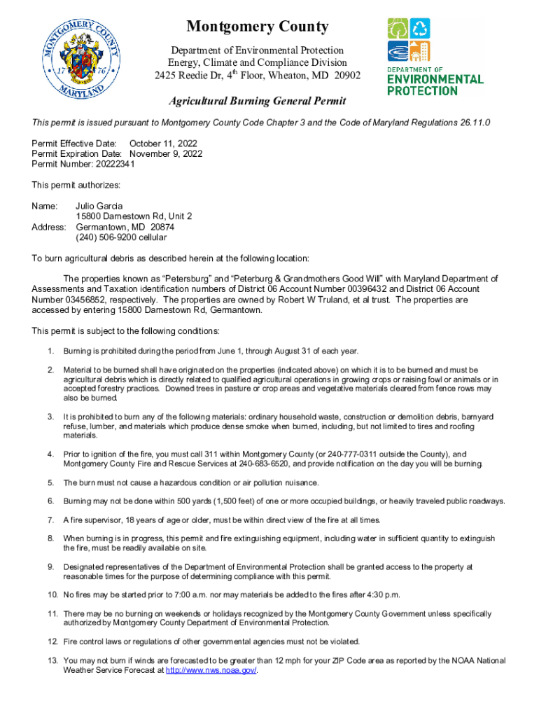 Fillable Online 20222341Agricultural Burn Permit, 1011 Fax Email