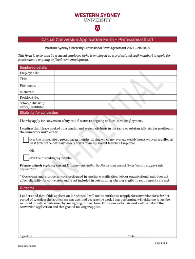 Fillable Online Casual Conversion Application Form Professional Staff Fax Email Print pdfFiller
