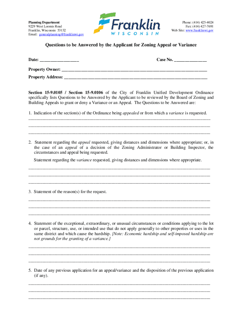 Fillable Online Questions to be Answered by the Applicant for Zoning Appeal or Variance