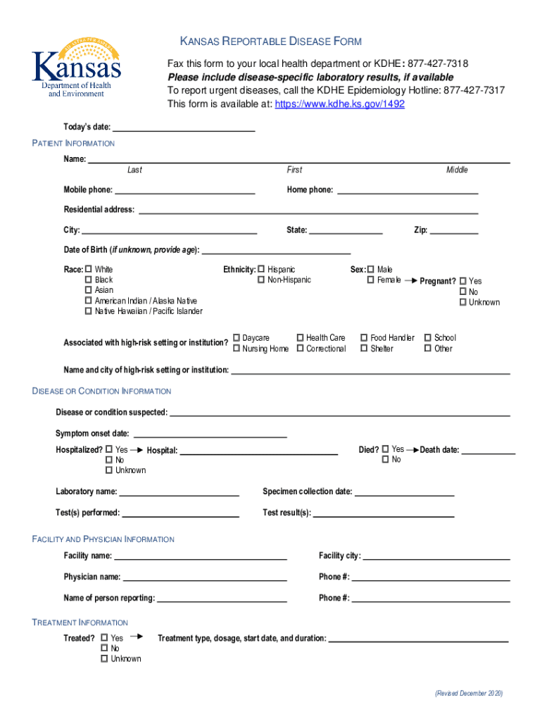 kdhe reportable disease form Preview on Page 1