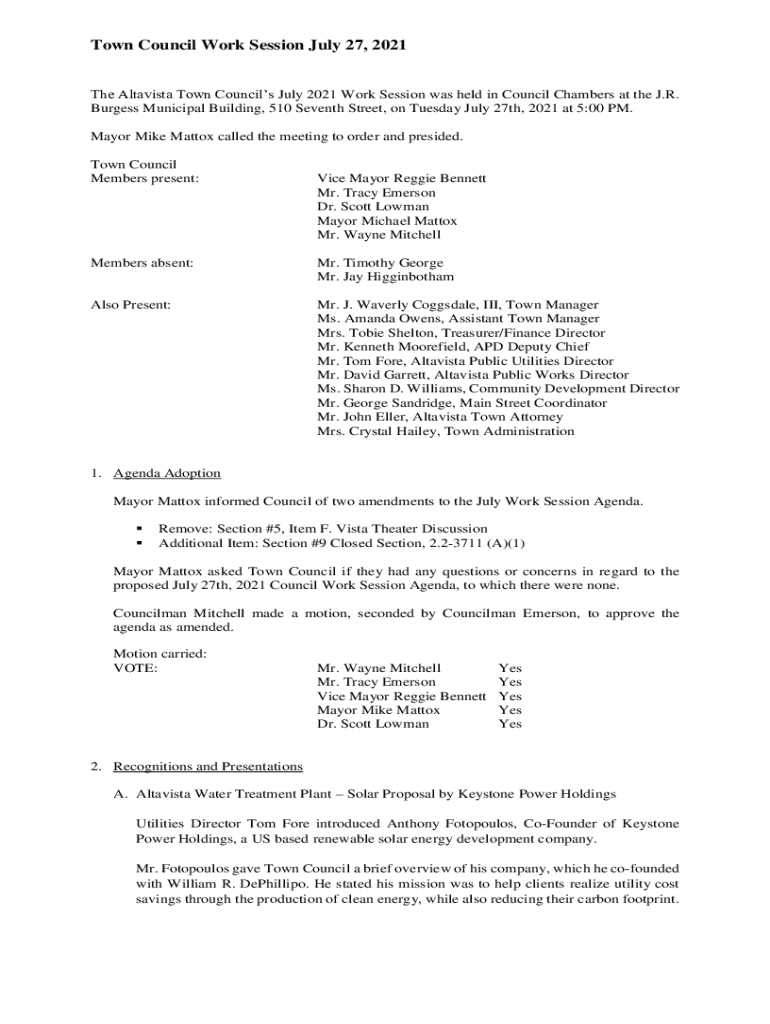 Fillable Online The Altavista Town Councils July 2021 Work Session was