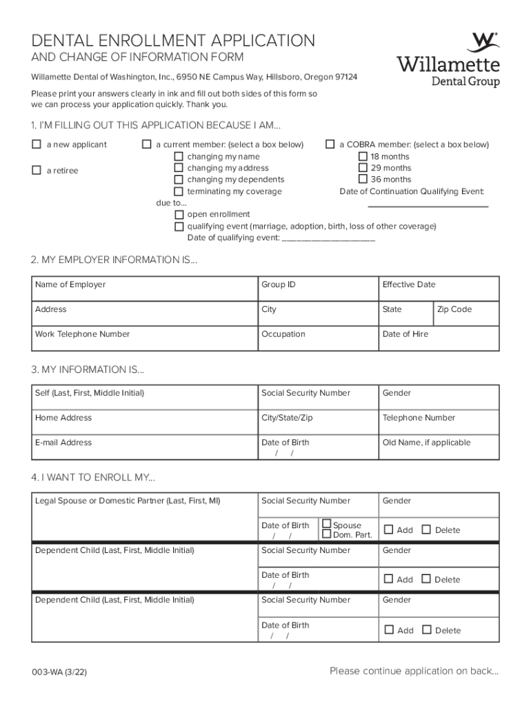 willamette dental enrollment form Preview on Page 1