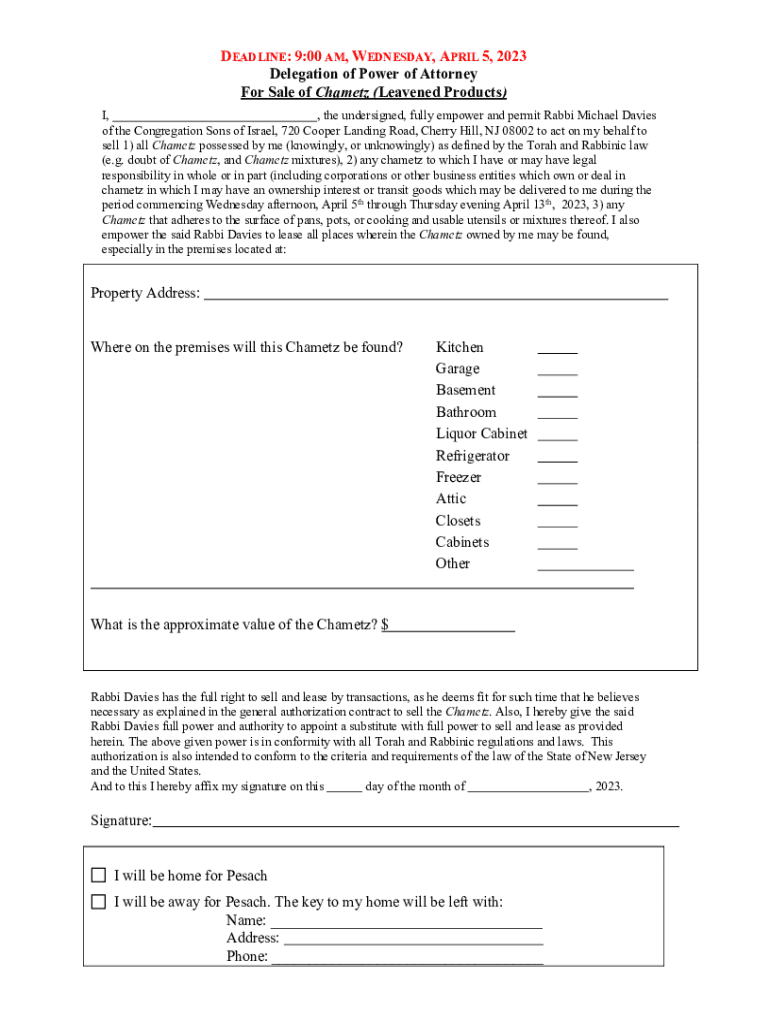 Fillable Online Delegation of Power of Attorney for Sale of Chametz Fax ...