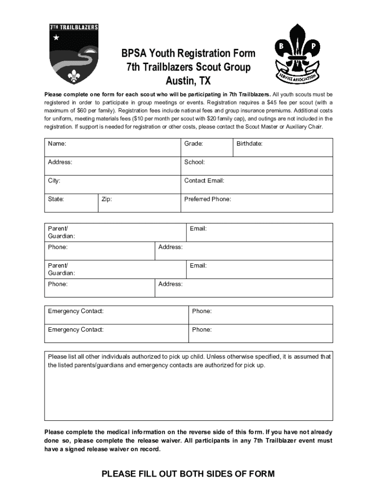 Fillable Online BPSA Youth Registration Form 7th Trailblazers Scout