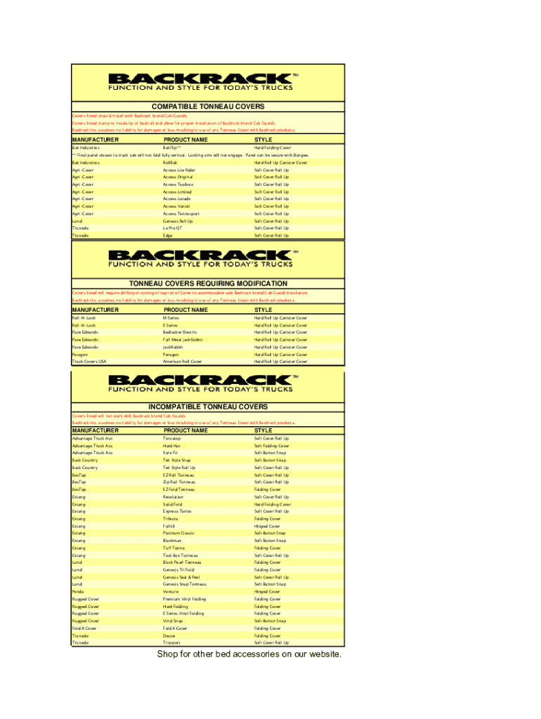 Fillable Online BackRack Bed Accessories Compatibility Chart. BackRack
