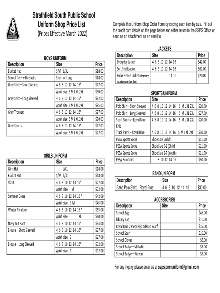 Fillable Online Strathfield South Public School Uniform Shop Price List