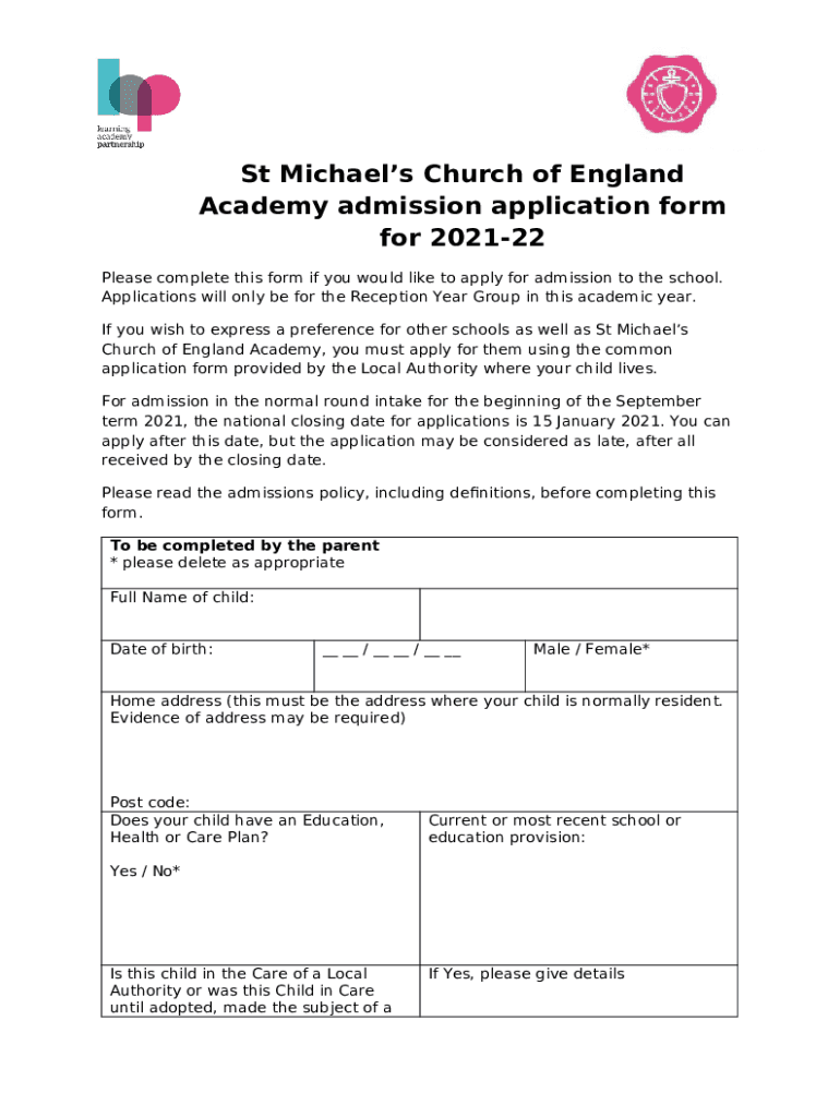St Michaels Application 2021 22 Please complete Doc Template