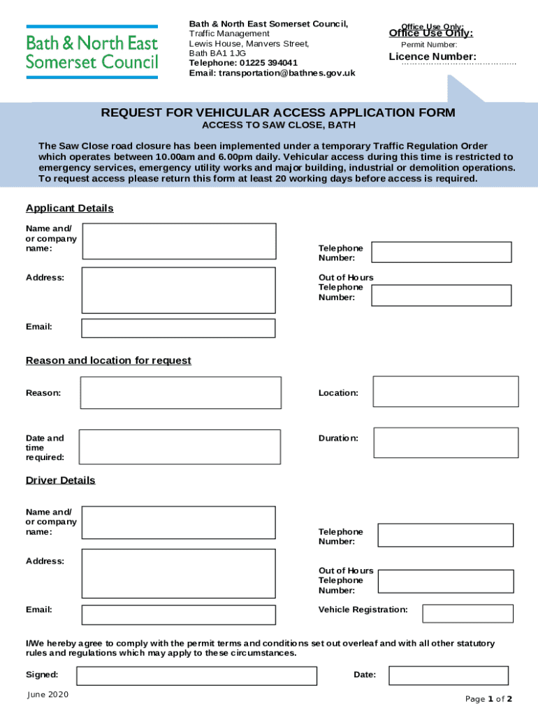 request for vehicular access application Doc Template pdfFiller