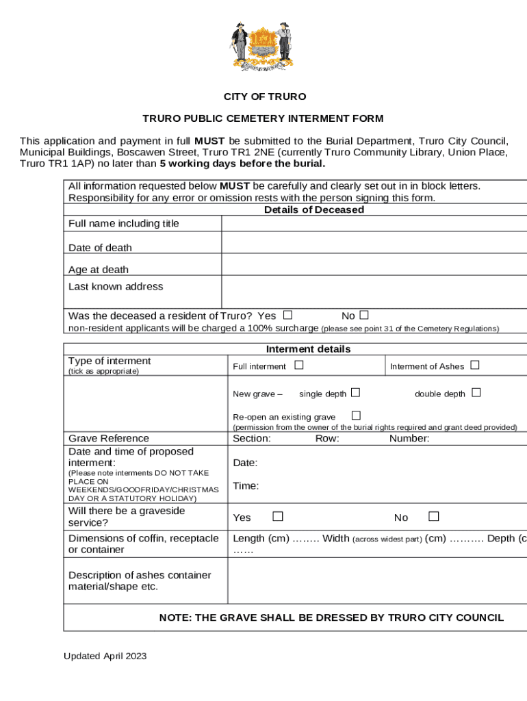 truro public cemetery interment truro gov Doc Template pdfFiller