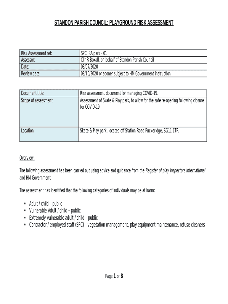 Reopening of Play Equipment Risk Assessment Doc Template pdfFiller