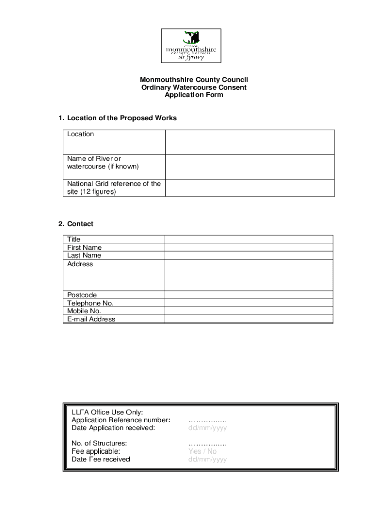 Fillable Online Application form for ordinary watercourse land drainage