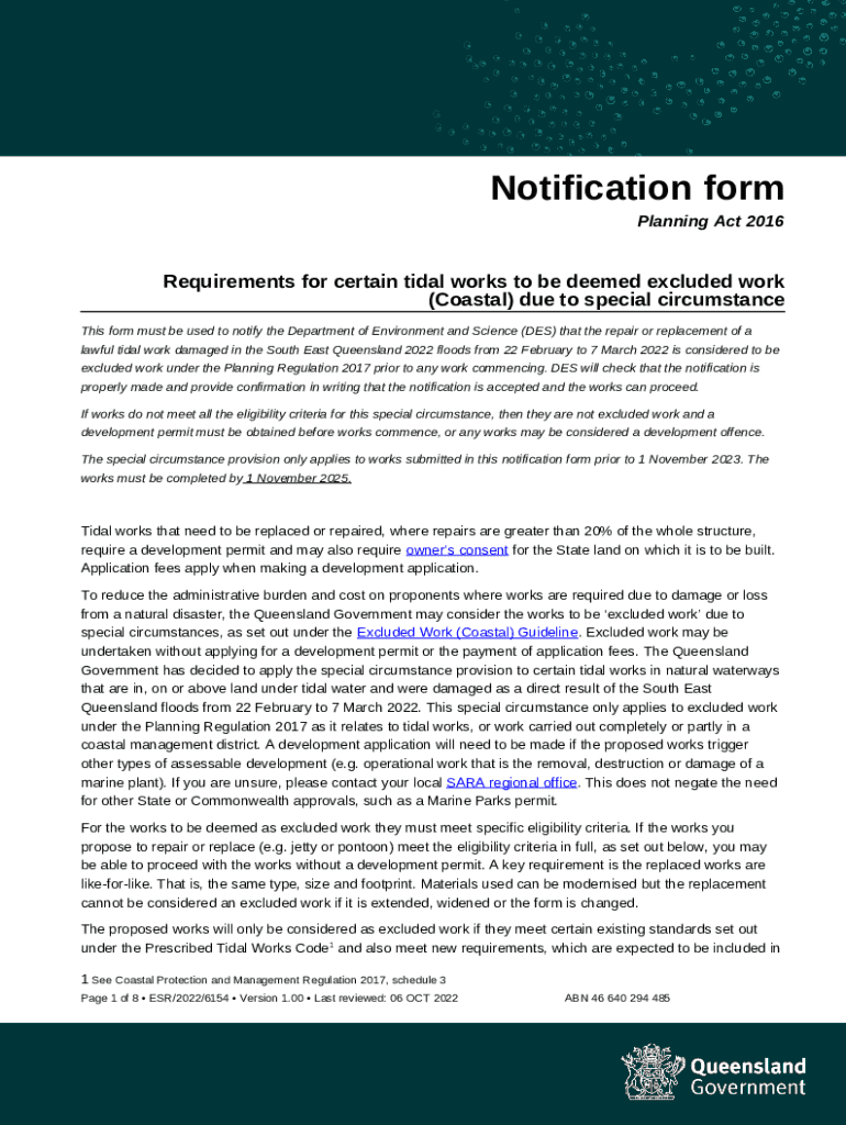 Requirements for certain tidal works to be deemed excluded work (Coastal) due to special